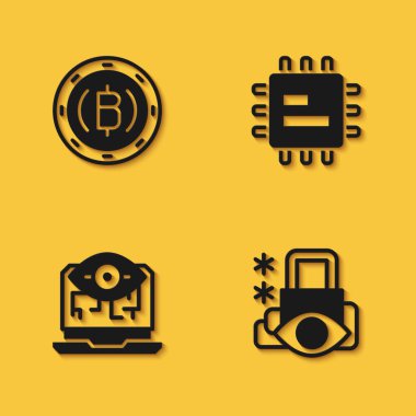 Kripto para Bitcoin, Siber güvenlik, Bilgisayar görüşü ve işlemci simgesini uzun gölgeli ayarla. Vektör