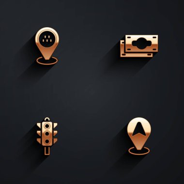 Konum taksi arabası, kağıt para yığını trafik ışığı ve uzun gölgeli ikon. Vektör