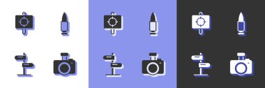 Fotoğraf makinesini, hedef sporunu, trafik işaretini ve kurşun ikonunu ayarla. Vektör