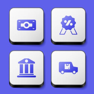 Stacks kağıt para, indirim yüzde etiketi, banka binası ve teslimat kamyonu ikonu. Beyaz kare düğme. Vektör