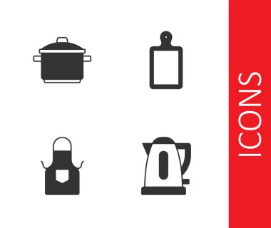 Elektrikli çaydanlık, tencere, mutfak önlüğü ve kesme tahtası ikonu. Vektör