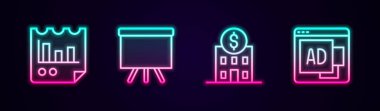 Grafik çizelgesi, tebeşir tahtası, banka binası ve reklamcılık ile satır belgesi ayarla. Parlayan neon ikonu. Vektör
