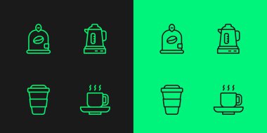 Hazır kahve fincanı, paket kahve çekirdekleri ve elektrikli su ısıtıcısı ikonu. Vektör