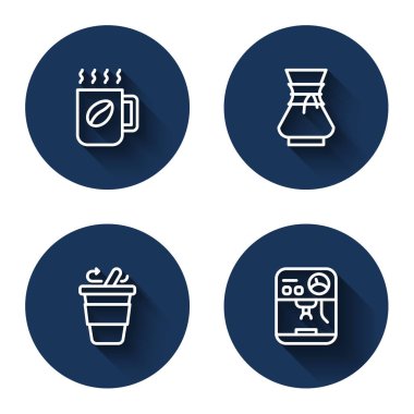 Kahve fincanını hazırla, kahve makinesinin üzerine dök, uzun gölgeli bir makine olsun. Mavi daire düğmesi. Vektör