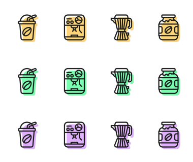 Kahve makinası, buzlu kahve makinesi, makine ve kavanoz şişesi ikonu. Vektör