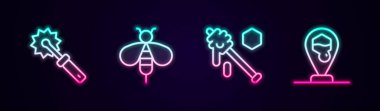 Bal, Arı, Bal Çubuğu ve Bal Kovanının yerini belirleyin. Parlayan neon ikonu. Vektör