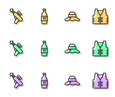 Balıkçı şapkası, zıpkın, bir şişe votka ve ceket ikonu. Vektör