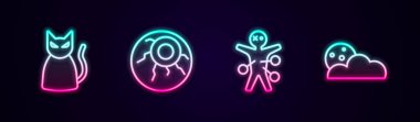 Kara Kedi, Göz, Voodoo bebeği, Ay ve yıldızlar. Parlayan neon ikonu. Vektör
