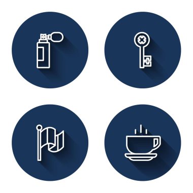 Parfüm, Eski Anahtar, Bayrak İtalya ve uzun gölgeli kahve fincanı. Mavi daire düğmesi. Vektör