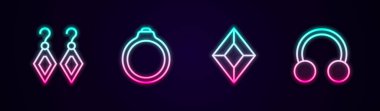 Küpeler, elmas nişan, mücevher taşı ve piercing. Parlayan neon ikonu. Vektör