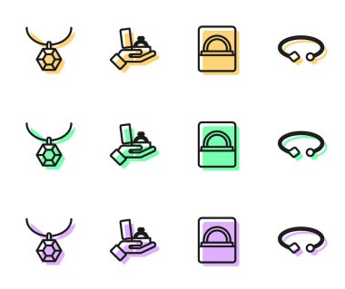 Kutuda elmas nişan yüzüğü, kolye ve bileklik takısı ikonu. Vektör