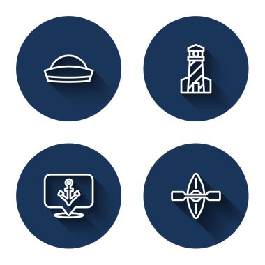 Sailor şapkası, Deniz feneri, Anchor ve Kano ve uzun gölgeli kürek çek. Mavi daire düğmesi. Vektör