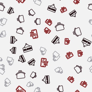 Satır asma işaretini metin, cüzdan, kağıt alışveriş torbası ve seyyar sepetle işaretleyin. Vektör