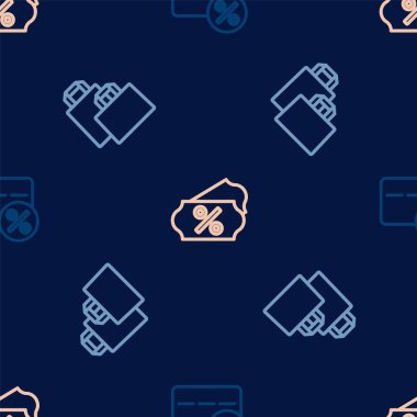 İndirim kartını yüzde ile ayarla, kağıt alışveriş torbası ve kusursuz desenli etiketle. Vektör