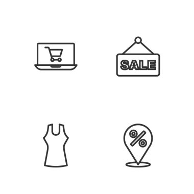 Satır konumunu yüzde ile ayarla, kadın elbisesi, alışveriş arabası ekran dizüstü bilgisayarı ve asma işareti simgesi. Vektör