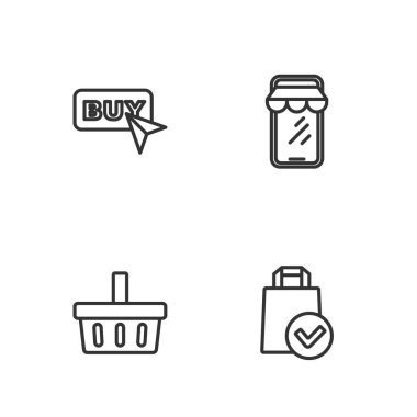 Alış veriş torbası, alışveriş sepeti, satın alma düğmesi ve çevrimiçi telefon ikonu. Vektör