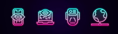 Bilgisayar görüşünü, yapay zeka robotunu ve küresel teknolojiyi ayarla. Parlayan neon ikonu. Vektör