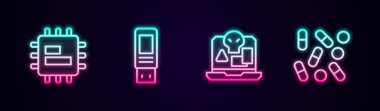 Hat işlemcisi işlemcisi, USB flaş bellek, internet korsanlığı ve tıbbi hap korsanlığı. Parlayan neon ikonu. Vektör