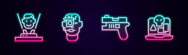 Hologram dizisi, gözlüklü akıllı gözlükler, fütüristik silah ve internet korsanlığı. Parlayan neon ikonu. Vektör