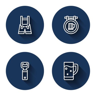 Lederhosen hattı, biralı sokak tabelası şişe açacağı ve uzun gölgeli cam. Mavi daire düğmesi. Vektör