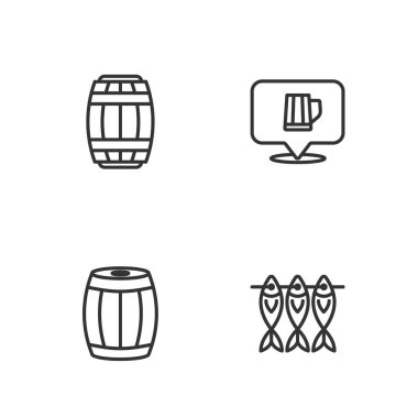 Kurutulmuş balık, tahta fıçı ve bira kupası ikonu. Vektör