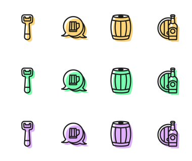 Ahşap fıçı, şişe açacağı, bira bardağı, bira şişesi ve ahşap ikon. Vektör