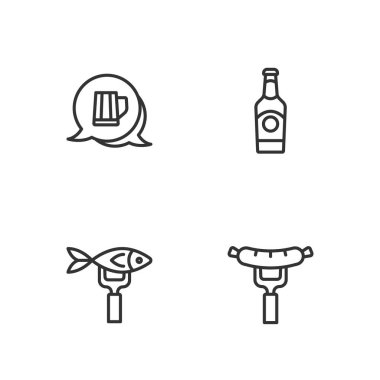 Çatalda sosis, kurutulmuş balık, tahta bira kupası ve bira şişesi ikonu. Vektör