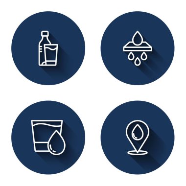 Bir şişe su, cam, su filtresi kartuş, cam ve uzun gölgeli bir yer ayarla. Mavi daire düğmesi. Vektör