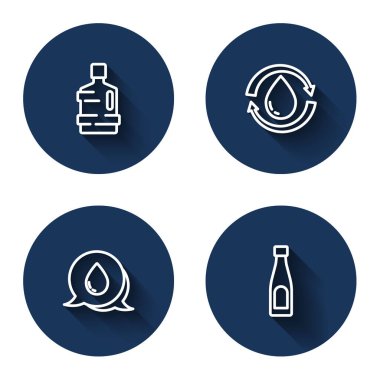 Büyük şişe temiz su, geri dönüşüm suyu, su damlası baloncukları ve uzun gölgeli şişe. Mavi daire düğmesi. Vektör