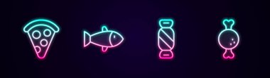 Dilimlenmiş pizza, balık, şeker ve tavuk budu. Parlayan neon ikonu. Vektör
