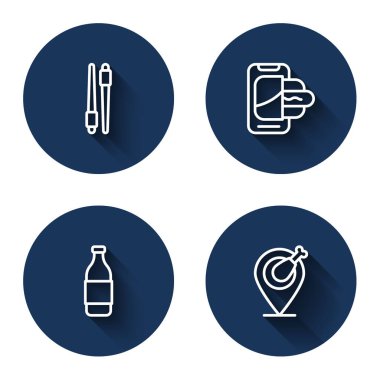 Yemek çubukları, seyyar yemek siparişi, bir şişe şarap ve uzun gölgeli tavuk bacağı. Mavi daire düğmesi. Vektör