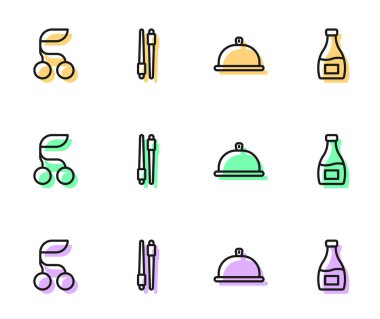 Yemek tepsisi, taze böğürtlen, yemek çubuğu ve sos şişesi ikonu ile kaplanmış bir sıra oluştur. Vektör