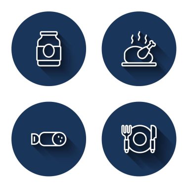 Jam kavanozu, kızarmış hindi ya da tavuk, salam sosisi ve tabak, çatal ve uzun gölgeli bıçak. Mavi daire düğmesi. Vektör