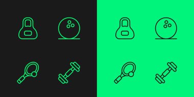 Çizgi Dumbbell, tenis raketi, top, ağırlık ve bowling ikonu. Vektör