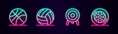 Set çizgisi basketbol, voleybol, hedef spor ve araba tekerleği. Parlayan neon ikonu. Vektör