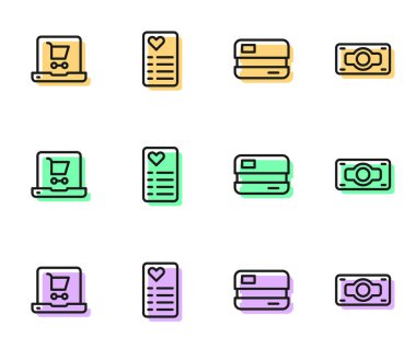 Hat kartı, alışveriş arabası ekranda dizüstü bilgisayar, liste ve yığınlar kağıt para para ikonu. Vektör