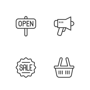 Alış veriş sepeti, Satılık Fiyat etiketi, Asılan yazı Açık ve Megaphone simgesi. Vektör