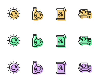 Radyoaktif atığı varile, güneş enerjisi paneline, plastik şişe geri dönüşümüne ve çöp kamyonu ikonuna yerleştir. Vektör