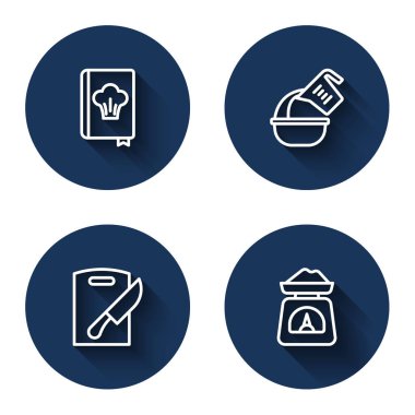 Sıra yemek kitabı, ölçü kabı ve kase, tahta bıçağı ve uzun gölgeli pullar. Mavi daire düğmesi. Vektör