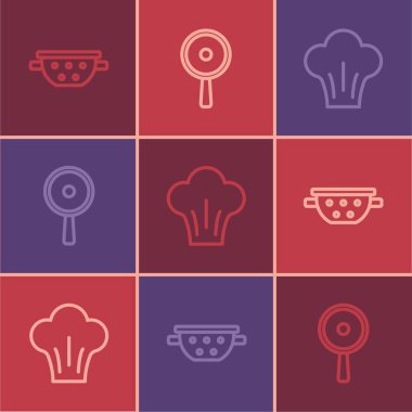 Mutfak süzgeci, şef şapkası ve kızartma tavası ikonu. Vektör