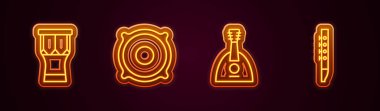 Afrika perküsyon davulunu ayarla, Stereo hoparlörü, Balalaika ve Flüt. Parlayan neon ikonu. Vektör