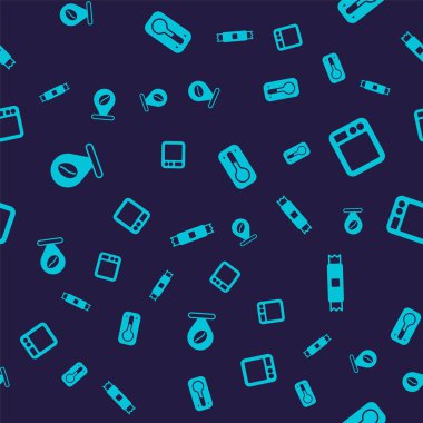 Kahve çekirdekleri, elektronik teraziler, kahve termometresi ve şeker paketlerini pürüzsüz bir şablona göre ayarla. Vektör
