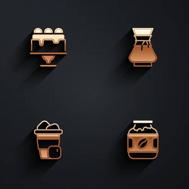 Pastayı hazırla, kahve makinesinin üzerine dök, buzlu ve uzun gölgeli kahve kavanozu ikonu koy. Vektör