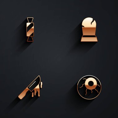 Candy 'yi ayarla, Tombstone' da RIP yazılı, kanlı bıçak ve uzun gölgeli göz ikonu. Vektör