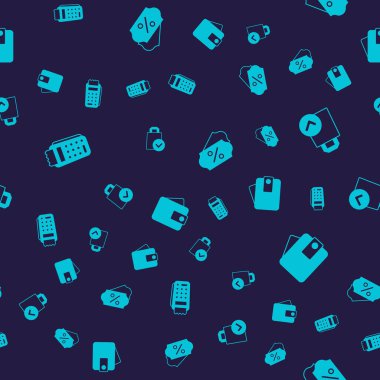 POS terminalini, kağıt alışveriş torbasını, indirimli yüzde etiketini ve cüzdanı pürüzsüz desenli olarak ayarla. Vektör