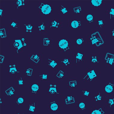 Alışveriş arabasına ekle, alışveriş arabası ile mobil, yeni ve konum karton kutucuğu kusursuz desen ile etiketle. Vektör