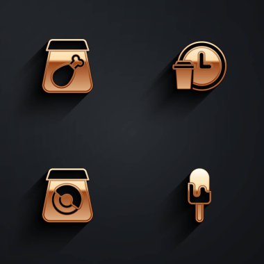 İnternetten yemek sipariş et, 24 saat teslimat yap, uzun gölgeli yiyecek ve dondurma ikonu getir. Vektör