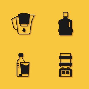 Su sürahisini filtre, soğutucu, bir şişe su bardağı ve uzun gölgeli büyük şişe temiz ikonu ile ayarla. Vektör