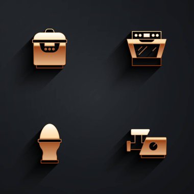 Yavaş pişiren, fırın, tavuk yumurtası ve uzun gölgeli mutfak et öğütücü ikonu. Vektör