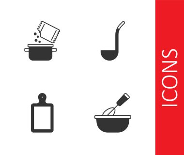 Fırça çırpıcısını kase, ot ve baharatla, kesme tahtası ve mutfak kepçesi ikonu ile ayarlayın. Vektör